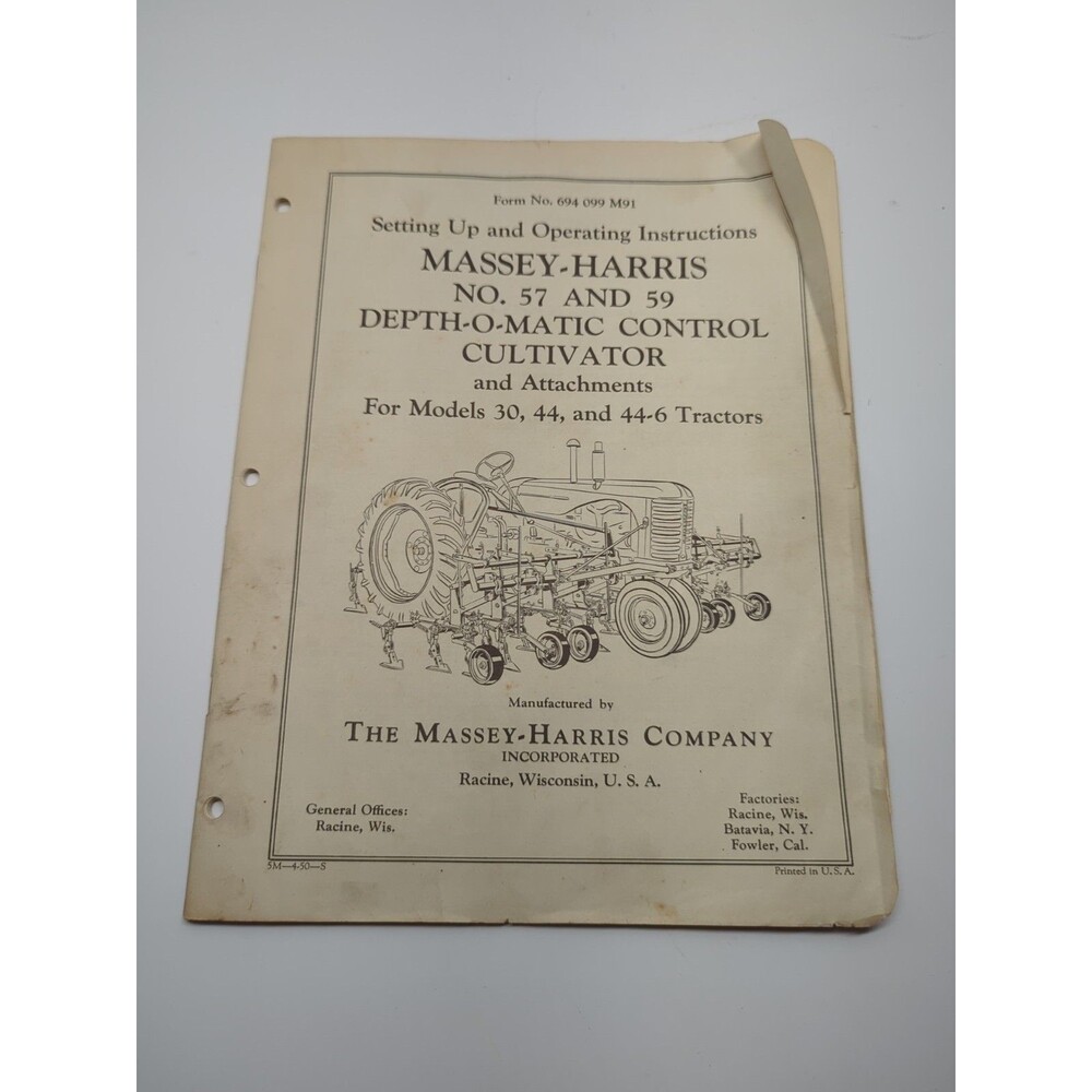 Massy Harris No57 59 Depth O Matic Control Cultivator Operating Instructions
